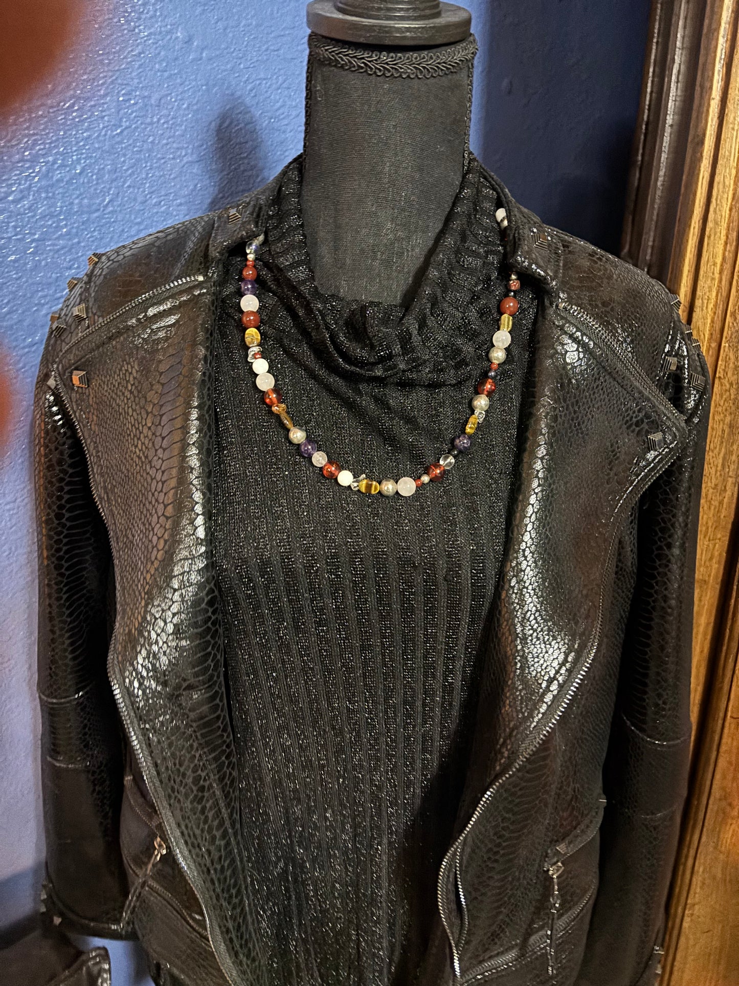 Beaded Multi-Gem Necklace, Silver Amethyst Tigers Eye Amber Crystal Onyx