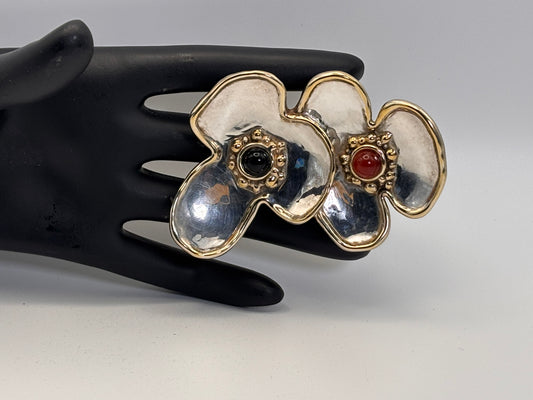 Stirling Silver 24K Gold Flower Brooch Pin: Vintage Garnet Carnelian Gold Silver Signed Handmade @jewelry #everyone @everyone @fashion