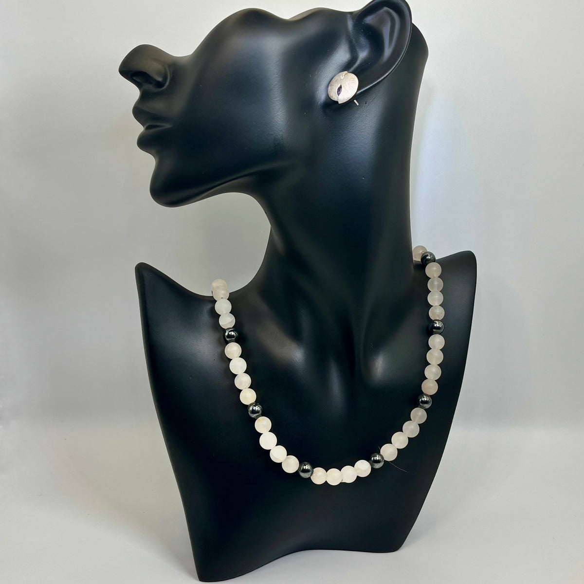 Handmade White Jade & Hematite Statement Necklace | 925 Sterling Silver | 20-Inch
