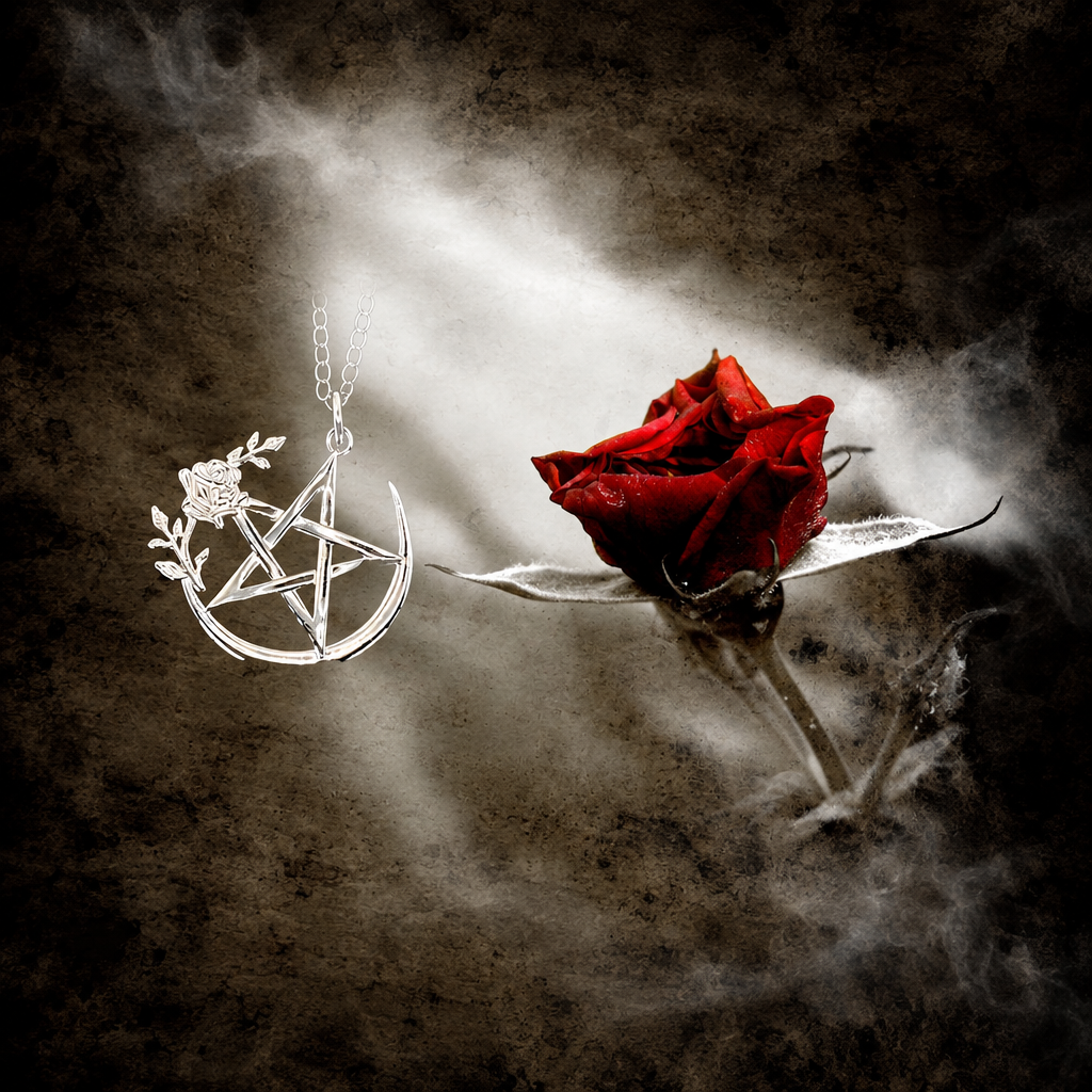 Silver pentacle pendant with rose detail beside a red rose