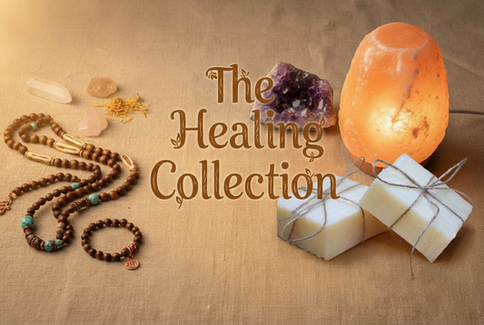 The Healing Collection graphic featuring prayer beads, jewelry, tallow soap bars, amethyst, and a glowing lamp.