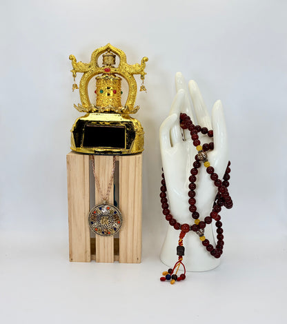 Spiritual Gift Set: Prayer Wheel, 108 Carnelian Mala, OM Pendant, Rose Gold Necklace, Gift