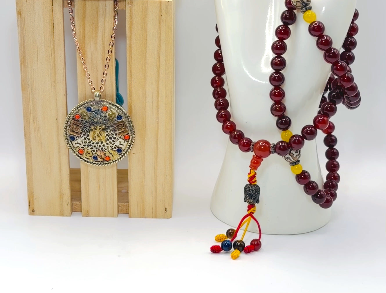 Spiritual Gift Set: Prayer Wheel, 108 Carnelian Mala, OM Pendant, Rose Gold Necklace, Gift