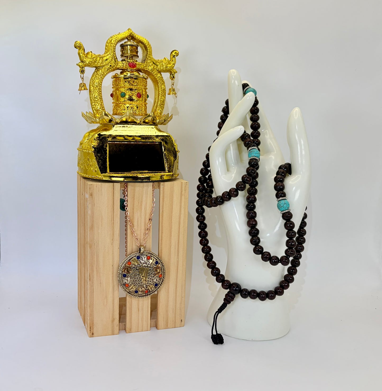 Spiritual Gift Set: Prayer Wheel, 108 Rosewood Mala, OM Pendant, Rose Gold Necklace, Gift