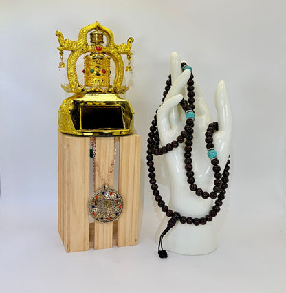 Spiritual Gift Set: Prayer Wheel, 108 Rosewood Mala, OM Pendant, Rose Gold Necklace, Gift