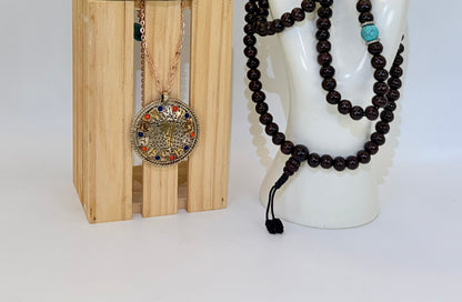 Spiritual Gift Set: Prayer Wheel, 108 Rosewood Mala, OM Pendant, Rose Gold Necklace, Gift