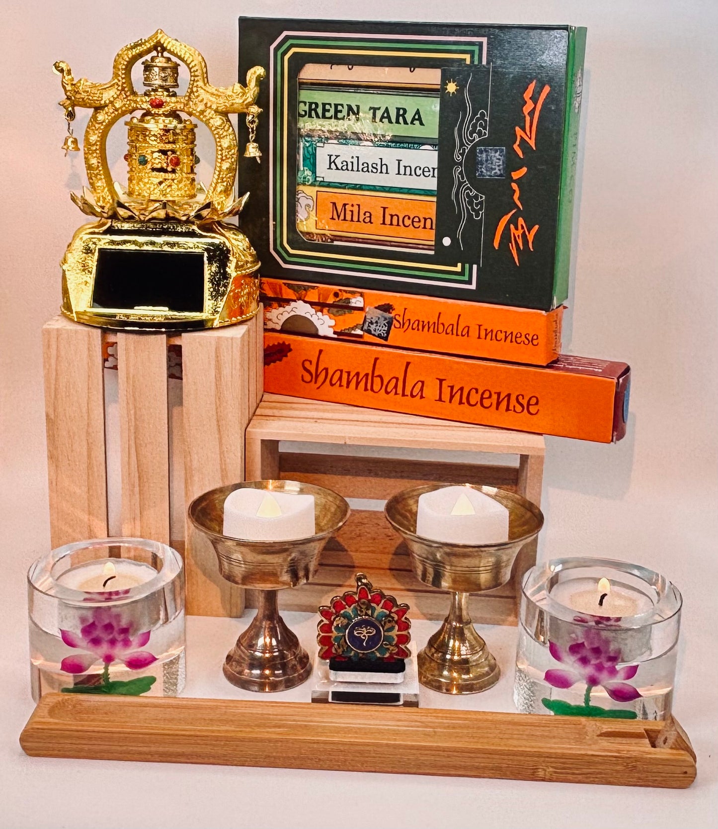 Buddhist Gift Set: Tibetan Incense, Solar Prayer Wheel, Candle Holder, Necklace, Pendant, Gift