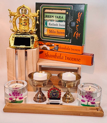 Buddhist Gift Set: Tibetan Incense, Solar Prayer Wheel, Candle Holder, Necklace, Pendant, Gift