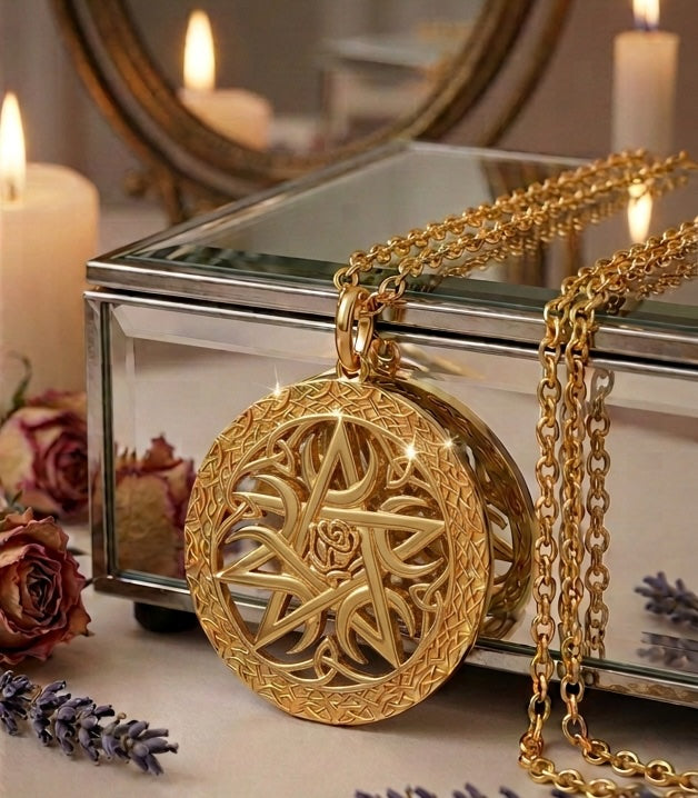 Celtic Pentacle Necklace Gift Set | Rose Theme, 1.50in, Silver or Gold, Pentagram Earrings, Wiccan, Pagan, Witchcraft