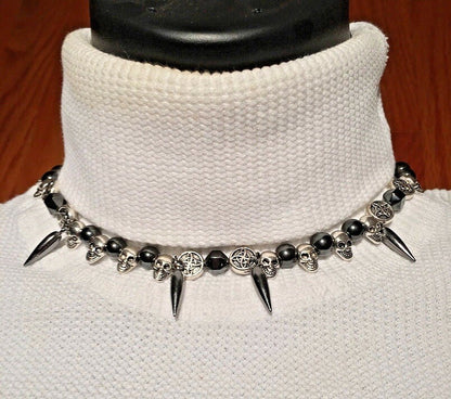 Sterling Silver Hematite Necklace: Choker, Gothic, Hematite, Skulls, Goth