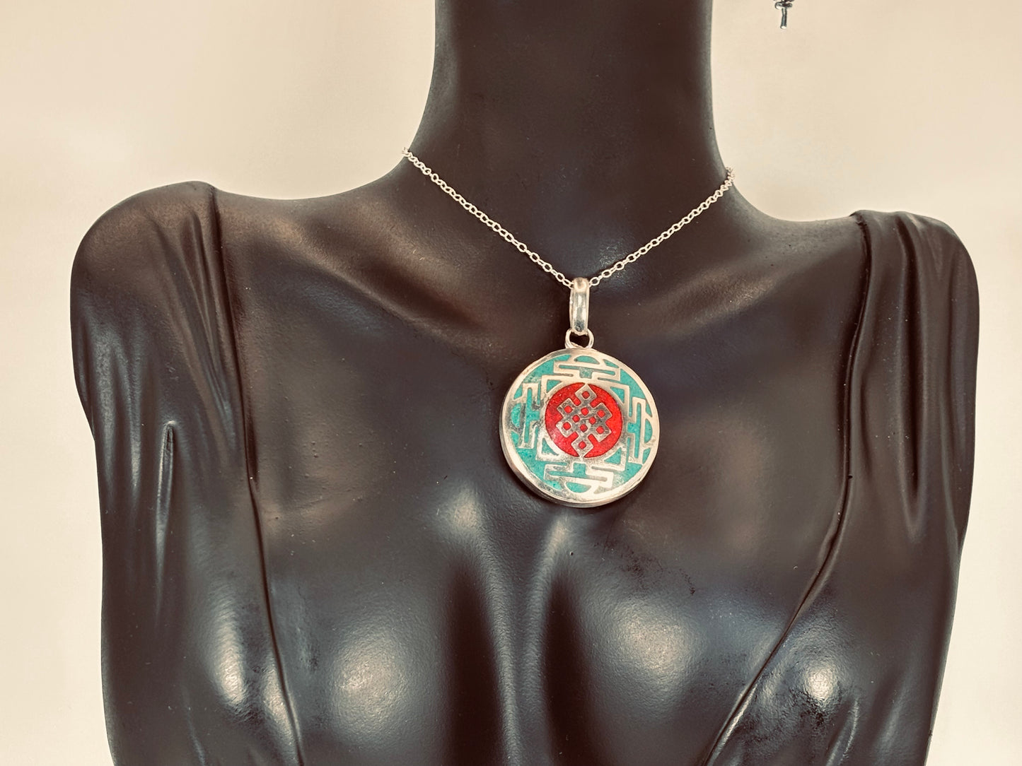 Tibetan Sterling Silver Necklace Gift Set: Everlasting Knot Turquoise Silver Coral Handmade