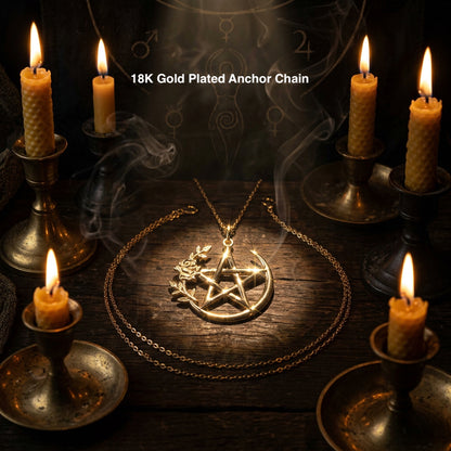 Gold Pentacle Necklace Gift Set | Rose Detail, Spiritual Statement Jewelry, Wiccan, Pagan, Witchcraft, Celtic