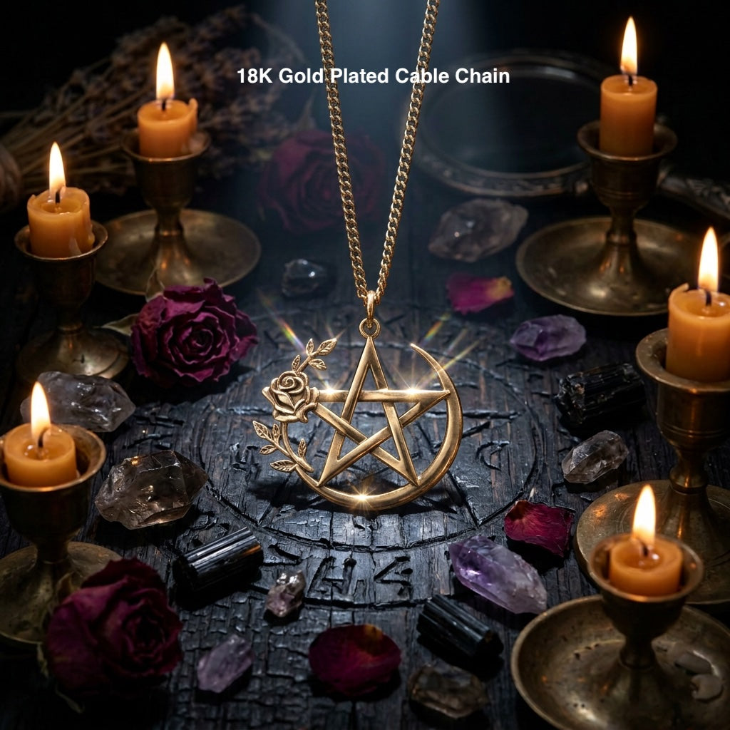 Gold Pentacle Necklace Gift Set | Rose Detail, Spiritual Statement Jewelry, Wiccan, Pagan, Witchcraft, Celtic