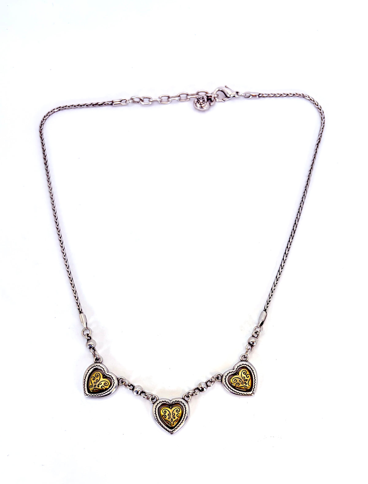 Full view of five-heart drop necklace