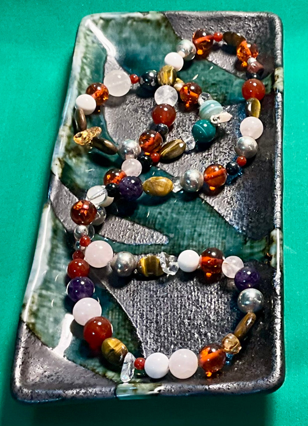 Beaded Multi-Gem Necklace, Silver Amethyst Tigers Eye Amber Crystal Onyx