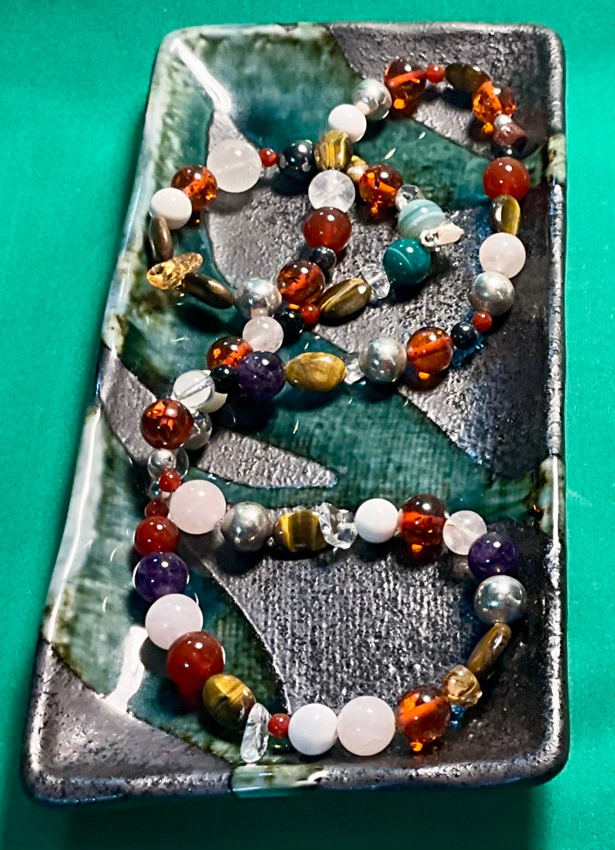 Beaded Multi-Gem Necklace, Silver Amethyst Tigers Eye Amber Crystal Onyx