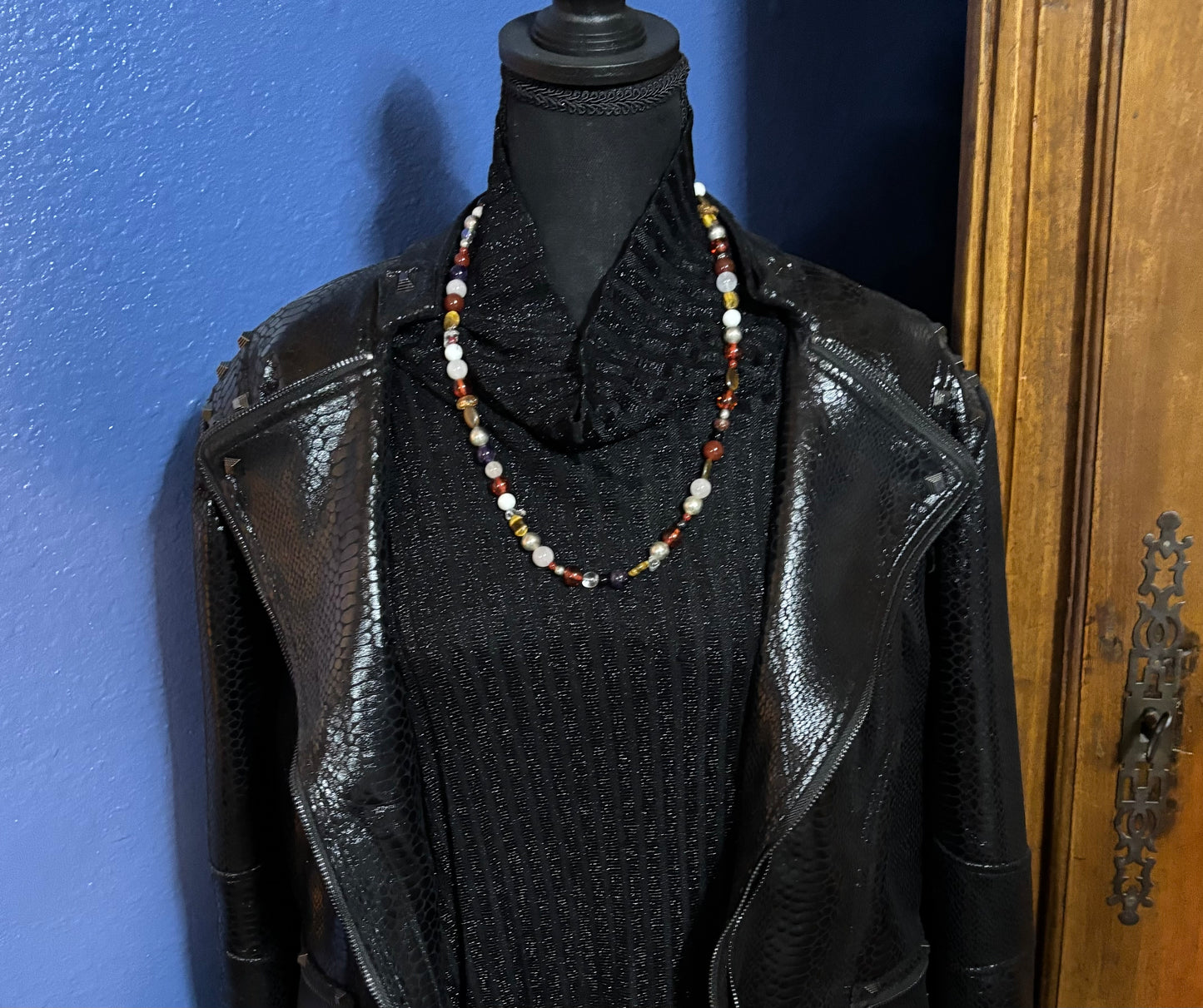 Beaded Multi-Gem Necklace, Silver Amethyst Tigers Eye Amber Crystal Onyx