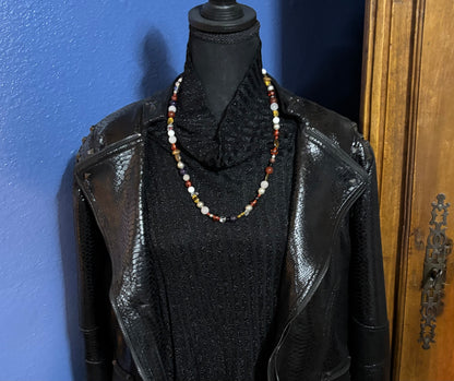 Beaded Multi-Gem Necklace, Silver Amethyst Tigers Eye Amber Crystal Onyx