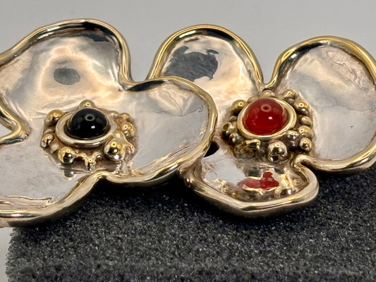 Stirling Silver 24K Gold Flower Brooch Pin: Vintage Garnet Carnelian Gold Silver Signed Handmade @jewelry #everyone @everyone @fashion