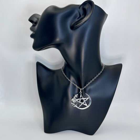 Silver Rose Pentagram Pentacle Necklace: Celtic Occult Vintage