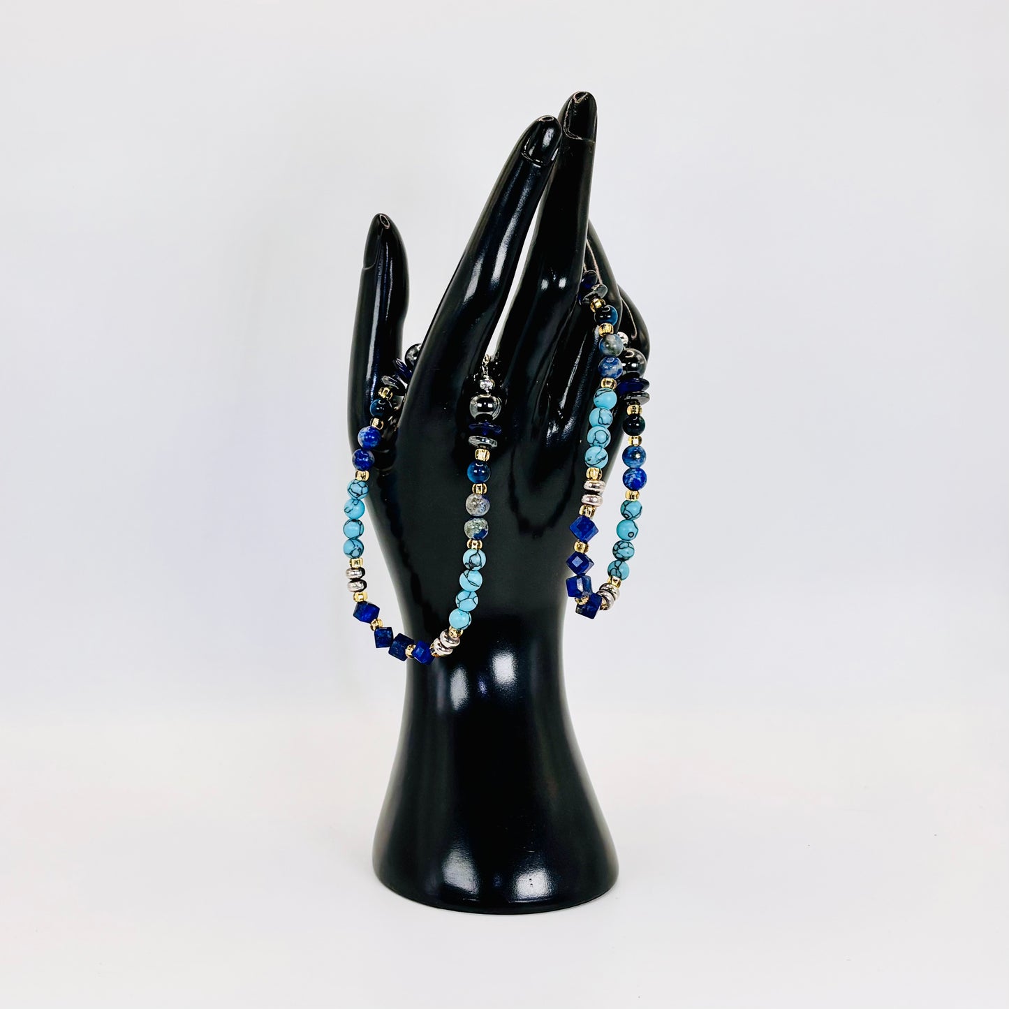 Sterling Silver Bracelets Set: Handmade, Turquoise, Lapis Lazuli, Aquamarine, Tiger's Eye, Apatite, Onyx, Hematite