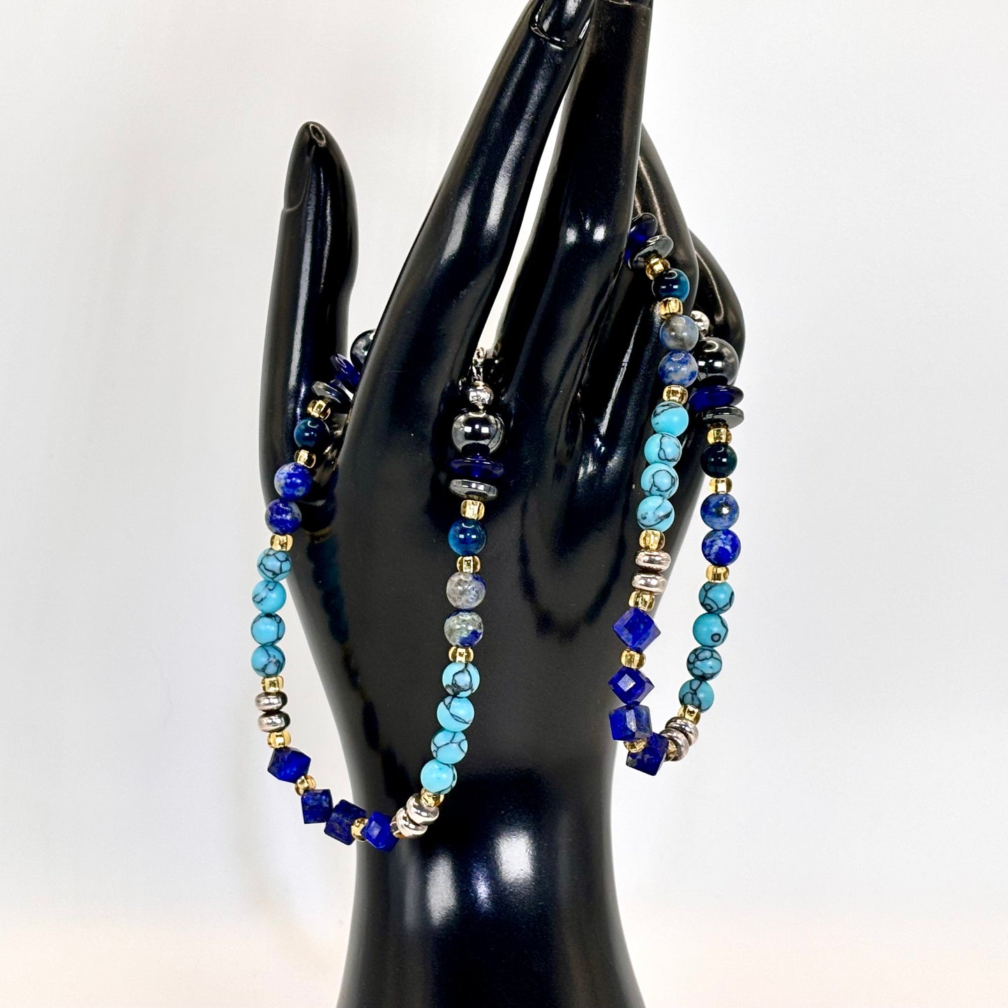 Sterling Silver Bracelets Set: Handmade, Turquoise, Lapis Lazuli, Aquamarine, Tiger's Eye, Apatite, Onyx, Hematite