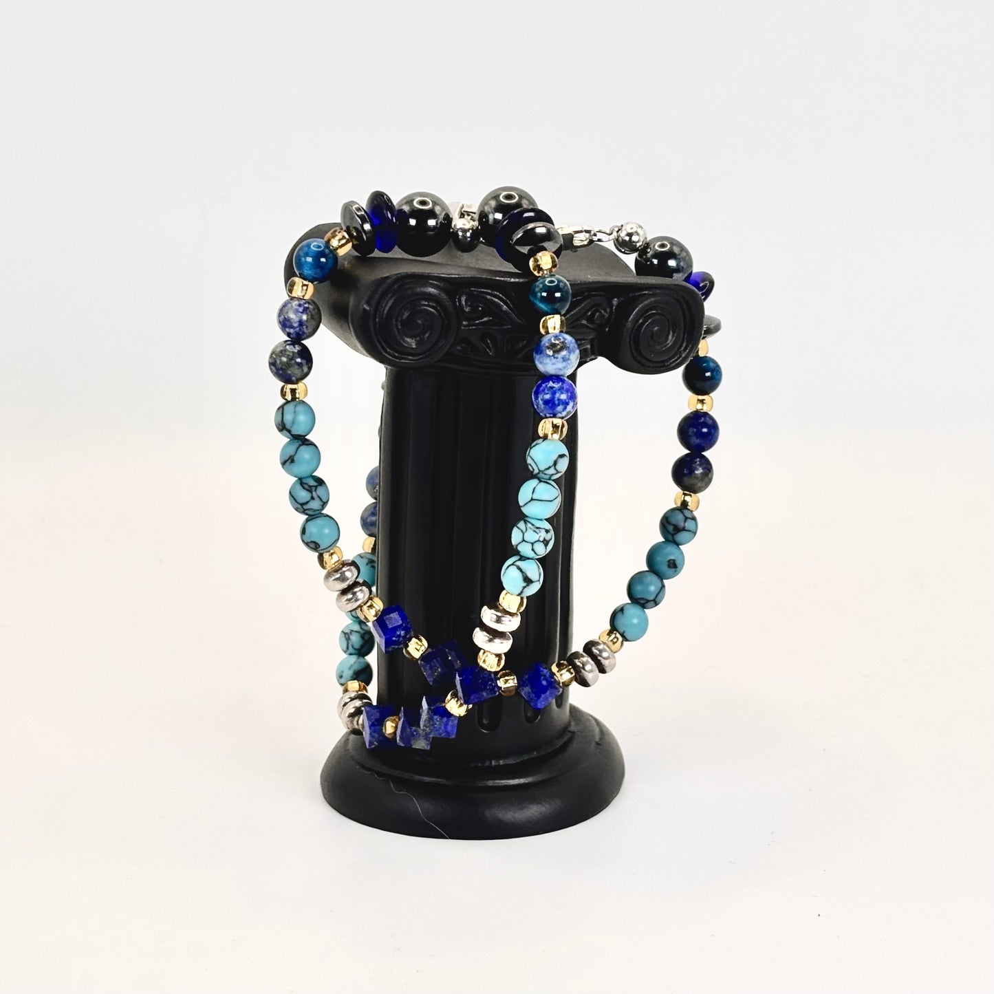 Sterling Silver Bracelets Set: Handmade, Turquoise, Lapis Lazuli, Aquamarine, Tiger's Eye, Apatite, Onyx, Hematite