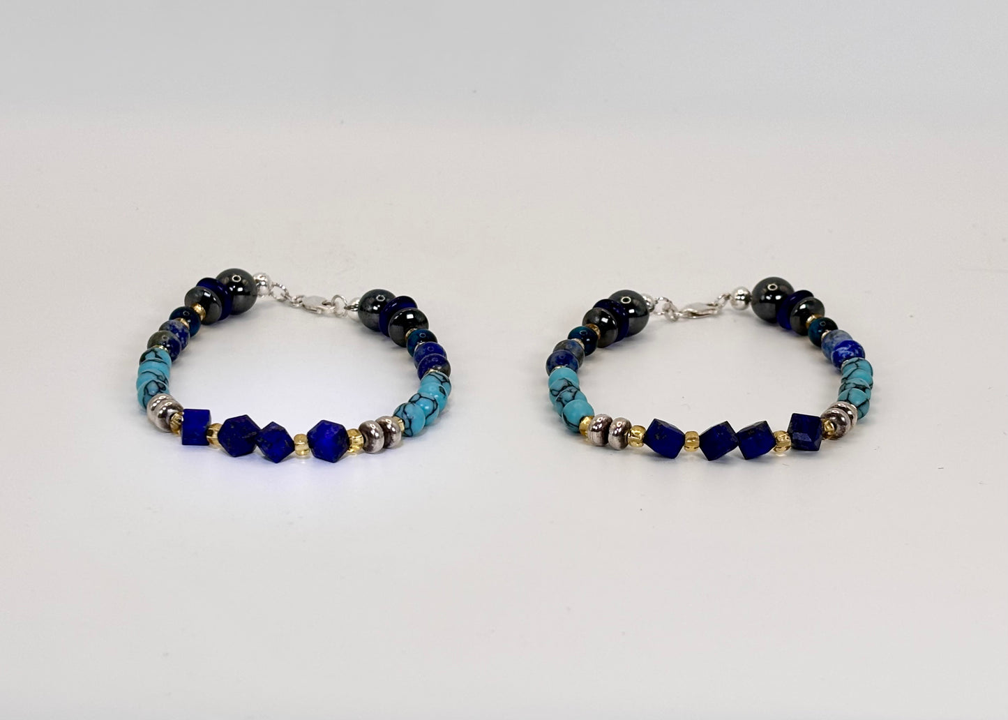 Sterling Silver Bracelets Set: Handmade, Turquoise, Lapis Lazuli, Aquamarine, Tiger's Eye, Apatite, Onyx, Hematite