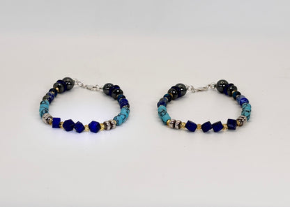 Sterling Silver Bracelets Set: Handmade, Turquoise, Lapis Lazuli, Aquamarine, Tiger's Eye, Apatite, Onyx, Hematite