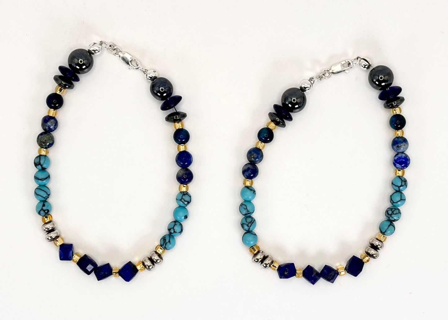 Sterling Silver Bracelets Set: Handmade, Turquoise, Lapis Lazuli, Aquamarine, Tiger's Eye, Apatite, Onyx, Hematite
