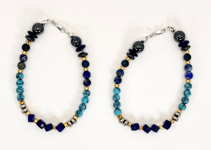 Sterling Silver Bracelets Set: Handmade, Turquoise, Lapis Lazuli, Aquamarine, Tiger's Eye, Apatite, Onyx, Hematite