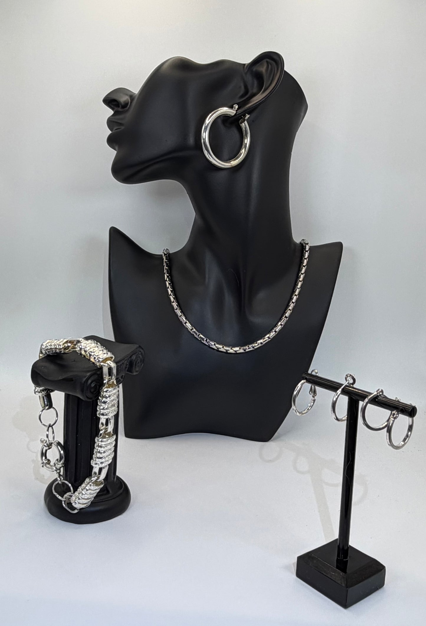 Rhodium Plated Stainless Steel Hoop Earrings, Chain Necklace, Link Bracelet | 9in Bracelet, 18in Necklace