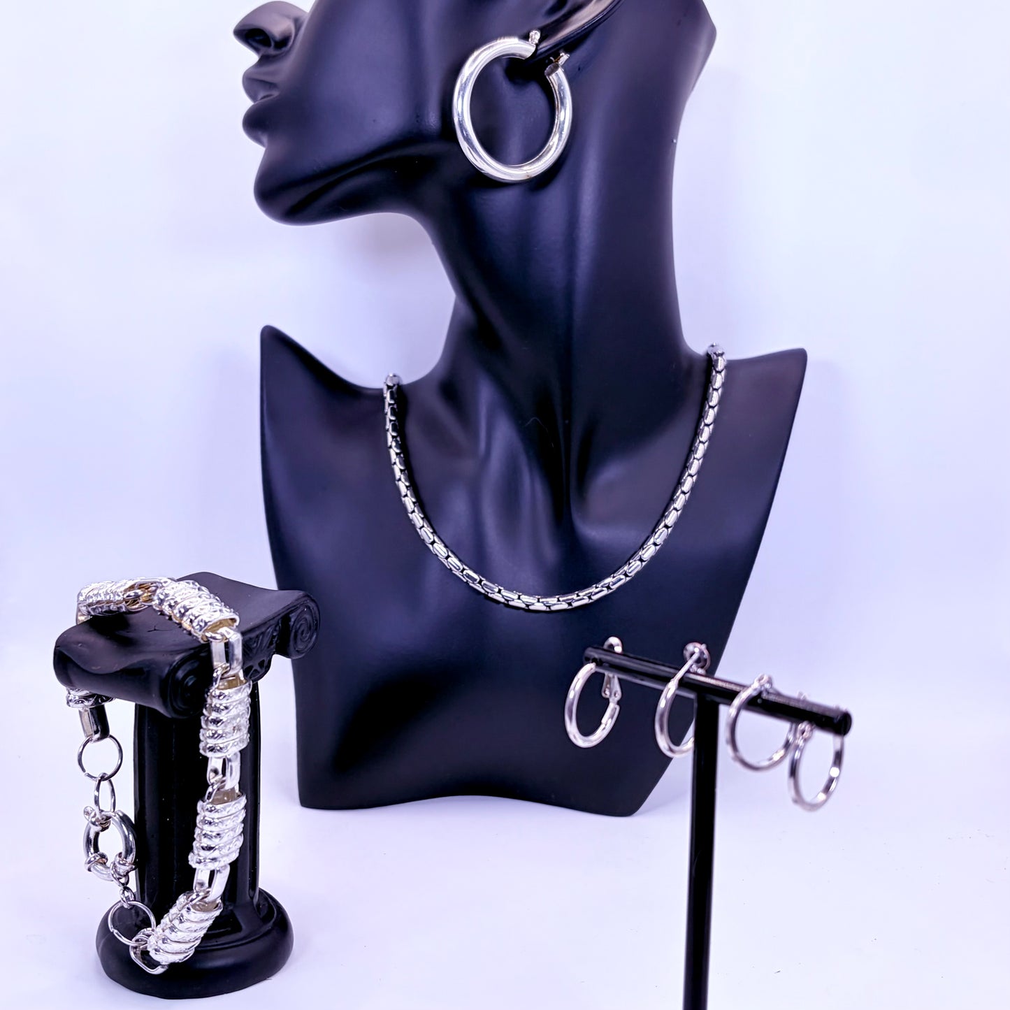 Rhodium Plated Stainless Steel Hoop Earrings, Chain Necklace, Link Bracelet | 9in Bracelet, 18in Necklace