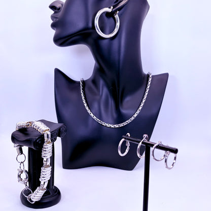Rhodium Plated Stainless Steel Hoop Earrings, Chain Necklace, Link Bracelet | 9in Bracelet, 18in Necklace