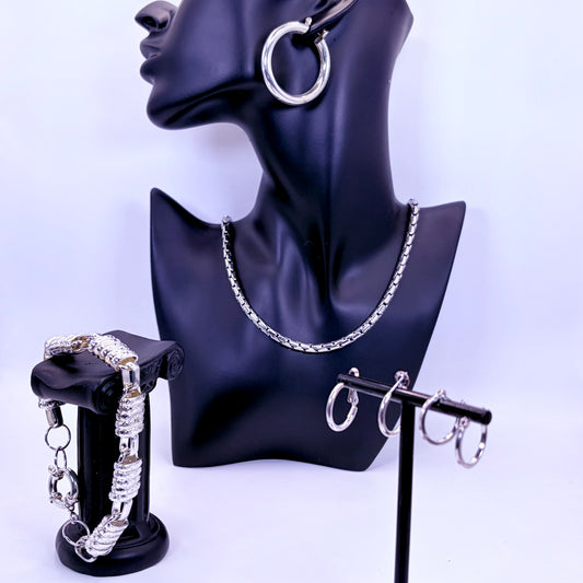 Rhodium Plated Stainless Steel Hoop Earrings, Chain Necklace, Link Bracelet | 9in Bracelet, 18in Necklace