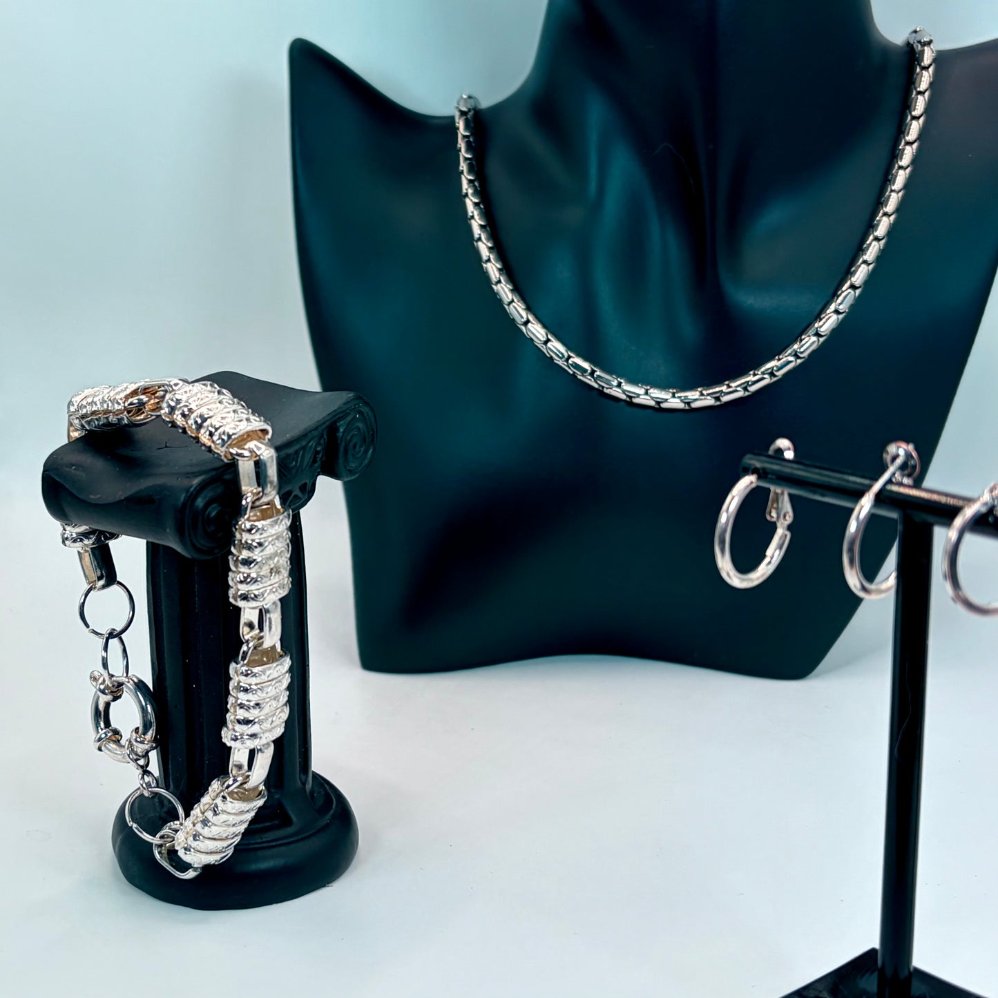 Rhodium Plated Stainless Steel Hoop Earrings, Chain Necklace, Link Bracelet | 9in Bracelet, 18in Necklace