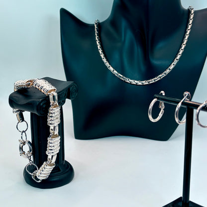 Rhodium Plated Stainless Steel Hoop Earrings, Chain Necklace, Link Bracelet | 9in Bracelet, 18in Necklace