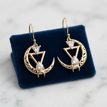 Gold Triangle Moon Earrings: Gemstone Statement Filigree Jewelry, Silver, Rose Gold, Gold, Rhodium, Diamond, Emerald, #everyone, #wedding, #gift, #jewelry