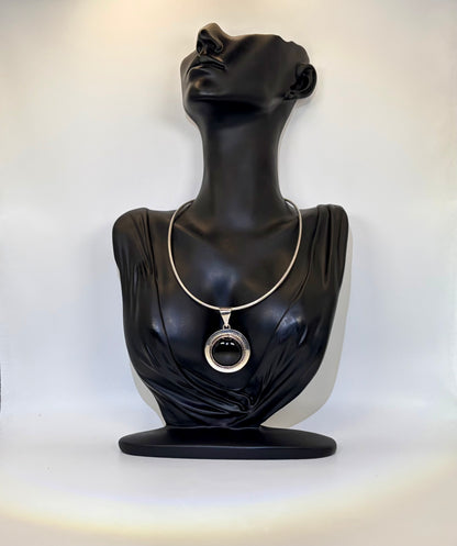 Sterling Silver Onyx Disc Pendant Necklace: Vintage, Statement jewelry, #Fashion, #Jewelry, #Everyone