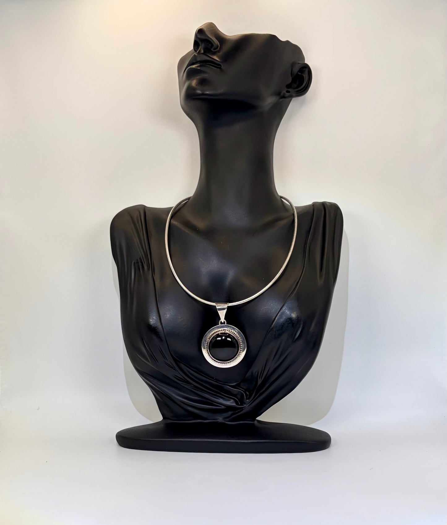Sterling Silver Onyx Disc Pendant Necklace: Vintage, Statement jewelry, #Fashion, #Jewelry, #Everyone