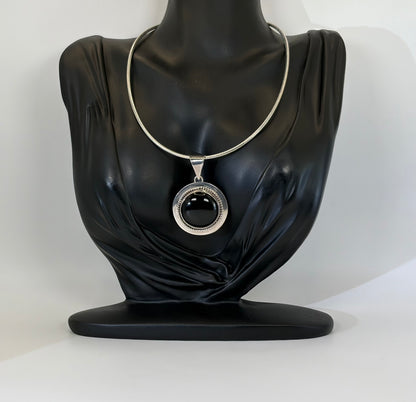 Sterling Silver Onyx Disc Pendant Necklace: Vintage, Statement jewelry, #Fashion, #Jewelry, #Everyone