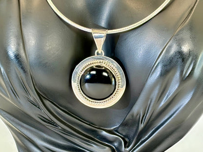 Sterling Silver Onyx Disc Pendant Necklace: Vintage, Statement jewelry, #Fashion, #Jewelry, #Everyone