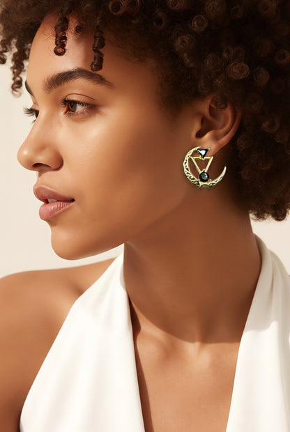 Gold Triangle Moon Earrings: Gemstone Statement Filigree Jewelry, Silver, Rose Gold, Gold, Rhodium, Diamond, Emerald, #everyone, #wedding, #gift, #jewelry