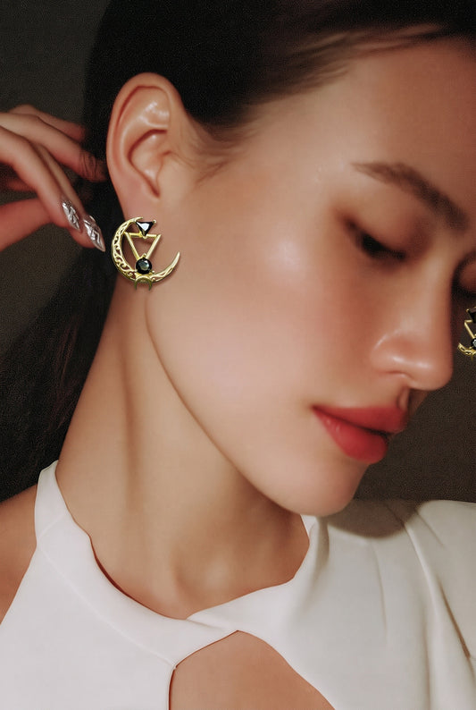 Gold Triangle Moon Earrings: Gemstone Statement Filigree Jewelry, Silver, Rose Gold, Gold, Rhodium, Diamond, Emerald, #everyone, #wedding, #gift, #jewelry