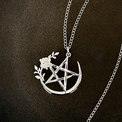 Sterling Silver Rose Pentagram Pentacle Necklace: Spiritual Pagan Wiccan Jewelry