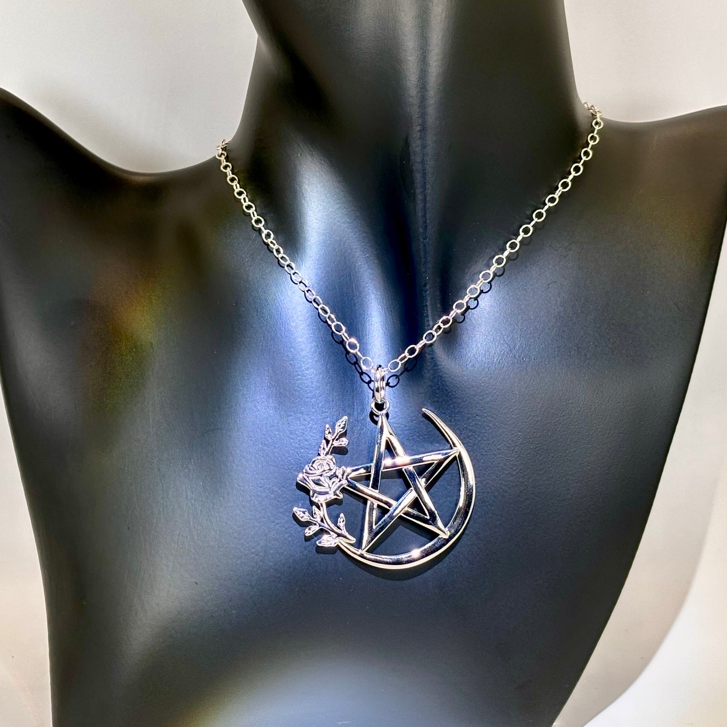 Sterling Silver Rose Pentagram Pentacle Necklace: Spiritual Pagan Wiccan Jewelry