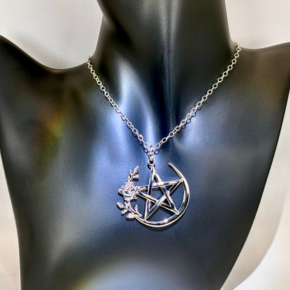 Sterling Silver Rose Pentagram Pentacle Necklace: Spiritual Pagan Wiccan Jewelry