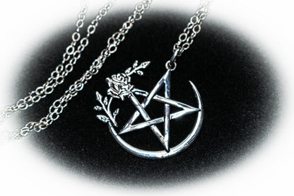 Sterling Silver Rose Pentagram Pentacle Necklace: Spiritual Pagan Wiccan Jewelry