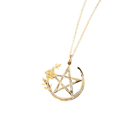 Rose Gold Plated Pentacle Necklace with Rose Detail: Wiccan Pagan Jewelry, Witchcraft Jewelry