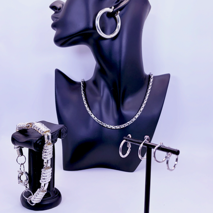 Rhodium Plated Stainless Steel Hoop Earrings, Chain Necklace, Link Bracelet | 9in Bracelet, 18in Necklace